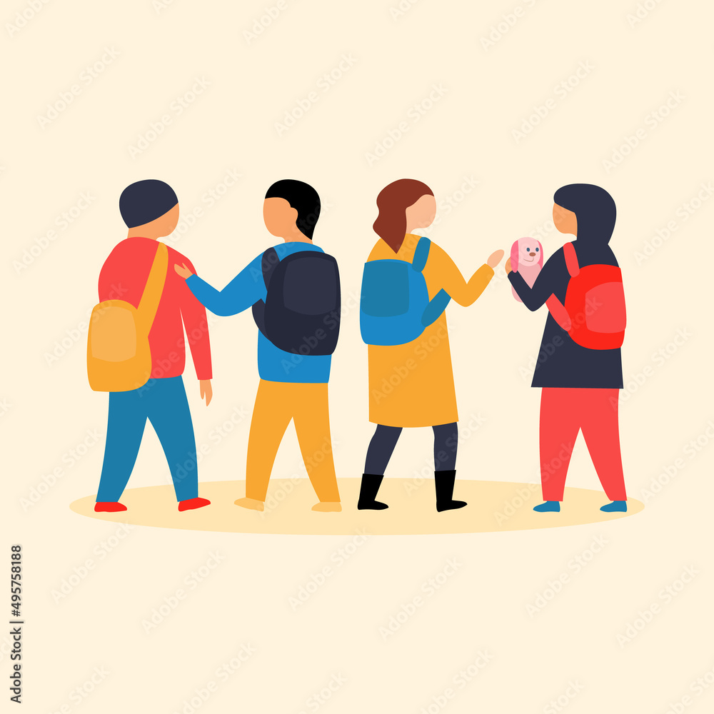 Obraz premium schoolchildren with backpacks go to school. Flat vector illustration. Boys and girls in colorful fashionable clothes communicate with each other.