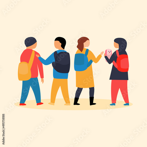schoolchildren with backpacks go to school. Flat vector illustration. Boys and girls in colorful fashionable clothes communicate with each other.