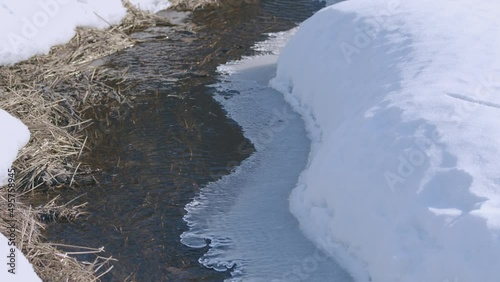 Nature awakening. Movement of living water and air bubbles under the ice.