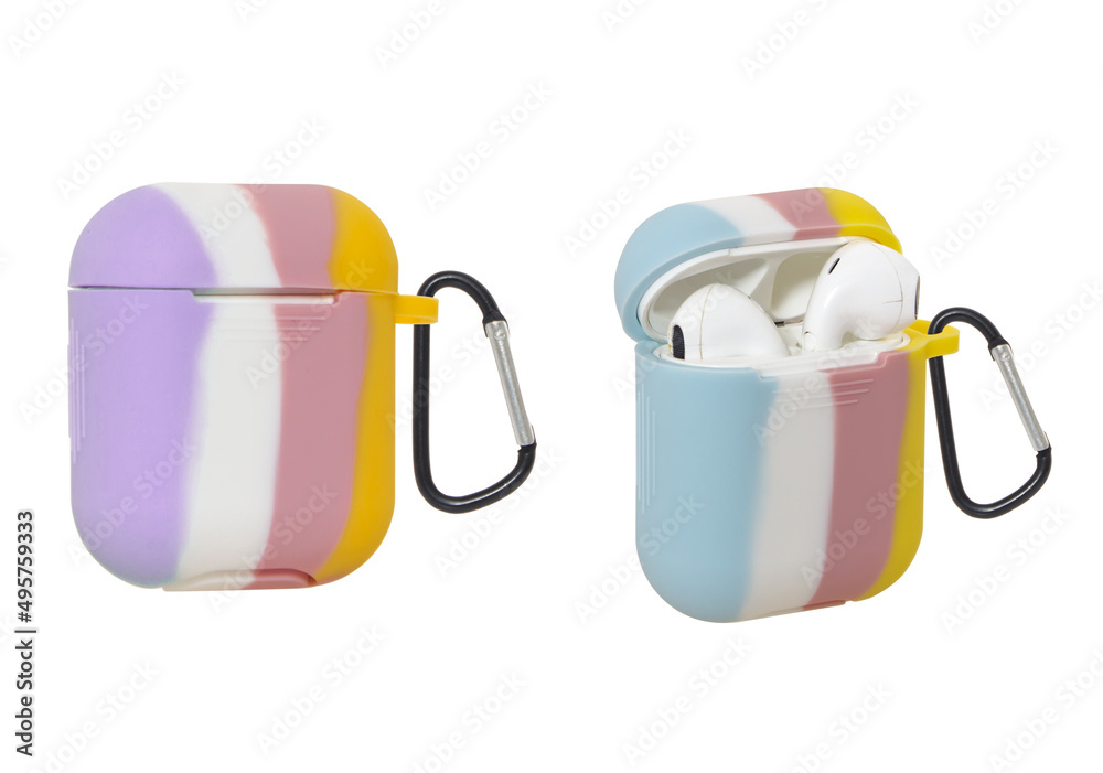 Wireless headphones in a silicone case, isolated on a white background, collage Wireless headphones in a silicone case, isolated on a white background, collage