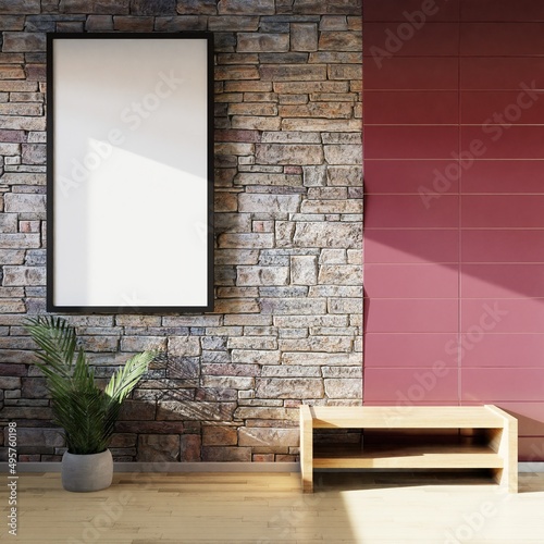 Blank Frame Hanging On The Wall, Indoor Plant 3d Rendering