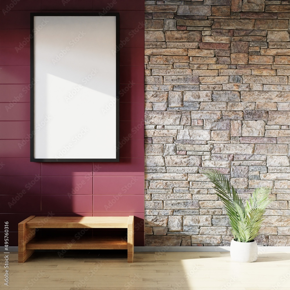 Fototapeta premium Blank Frame Hanging On The Wall, Indoor Plant 3d Rendering