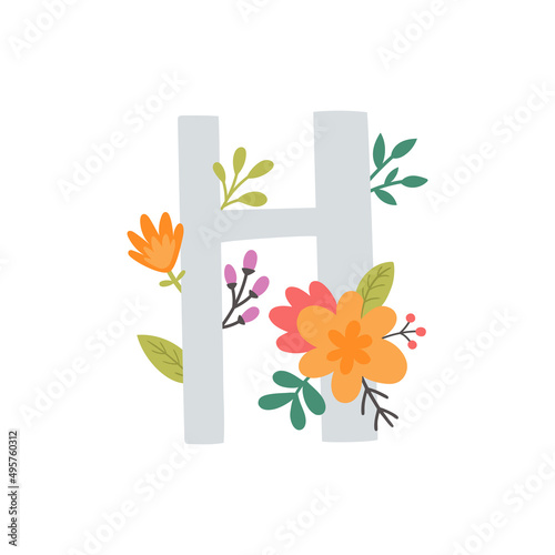 vector image of letter h and flowers