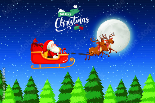 Vector illustration of a Merry Christmas card with Santa must ride a sleigh