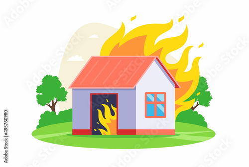 burning private house. the building was destroyed by fire. flat vector illustration.