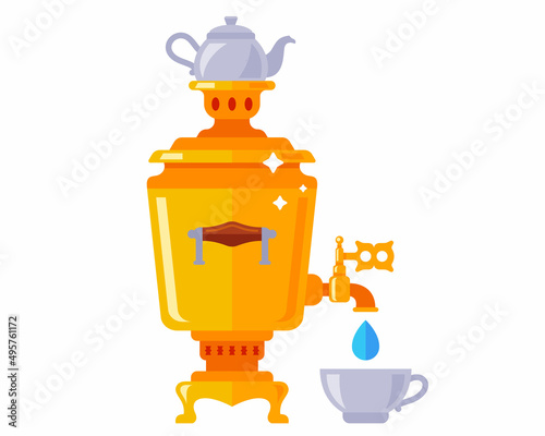 Russian old samovar pours tea into a cup. flat vector illustration.