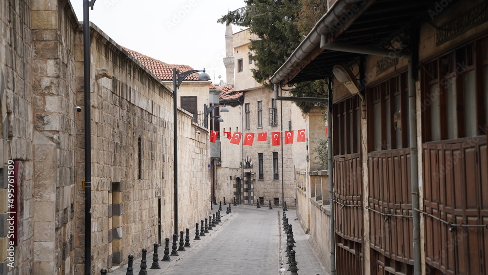 Empty Old Historical Street and Turkish Flags