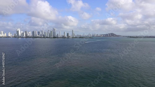 Cartagena, Colombia, Bocagrande Harbor. City skyline and major port on northern coast of Colombia in Caribbean Coast Region. One of the most expensive and exclusive neighborhoods in the country. photo