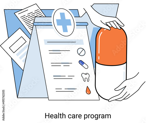 Medical insurance, health care program, shield with cross, hospital services, preventive check up, sick leave certificate, volunteer enrollment project. Online medical services, protection medicine