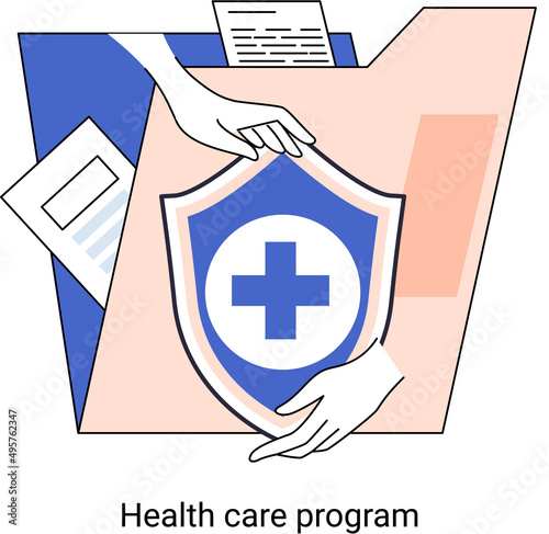 Medical insurance, health care program, shield with cross, hospital services, preventive check up, sick leave certificate, volunteer enrollment project. Online medical services, protection medicine