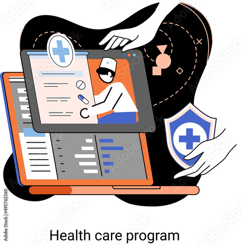 Health care program metaphor, online medical services, protection medicine. Medical insurance, hospital services, preventive check up, sick leave certificate treatment diagnosis patients, telemedicine