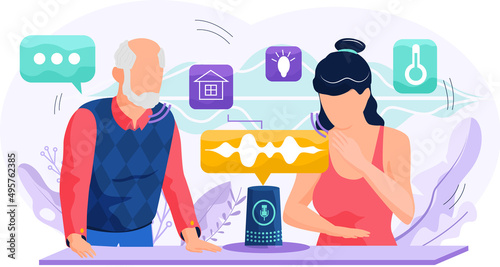 Voice assistant. Smart speaker virtual assistant, sound robot, people using voice controlled smart speaker. Voice activate digital assistant identification control contactless mobile device microphone