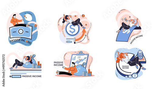 Passive income metaphor, interest on deposits, dividends, investing, online monetization. Profit, money from investments. Remote job and freelancing. Idea of financial growth and business development