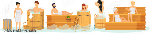 Sauna and steam room. Set of people in sauna. People relax and steam with birch brooms in traditional russian stove for female and male. Finnish bathhouse. Public sauna, Friends in spa resort