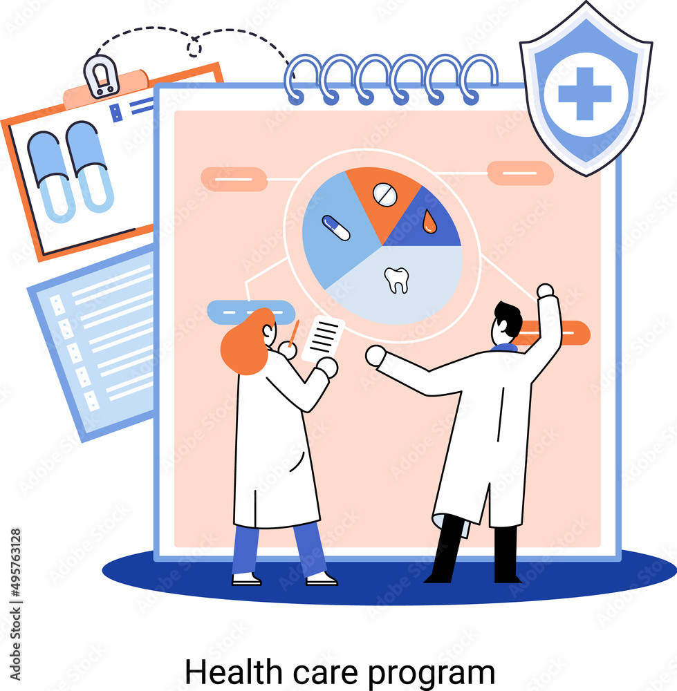 Health care program metaphor, online medical services, protection medicine. Medical insurance, hospital services, preventive check up, sick leave certificate treatment diagnosis patients, telemedicine Health care program metaphor, online medical services, protection medicine. Medical insurance, hospital services, preventive check up, sick leave certificate treatment diagnosis patients, telemedicine