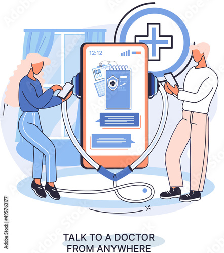 Online medical services mobile application consultation and prescription medicine professional doctor connecting and giving consultation for patient anywhere telemedicine metaphor, health care program