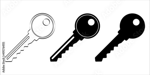 Key icon set. Isolated key symbol in black color. Silhouette of privacy or protection symbol. Simple door key or mobile app design element. Classic unlock tool.
