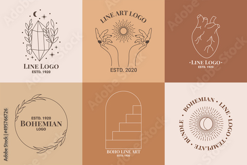 Boho mystic doodle esoteric logo set. Magic line art icon with diamond, hand, heart, wreath, stairs, sun Bohemian modern vector illustration