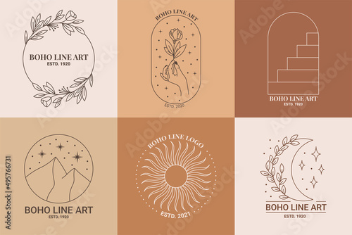 Boho mystic doodle esoteric logo set. Magic line art icon with moth, key, sun, cactus, moon. Bohemian modern vector illustration