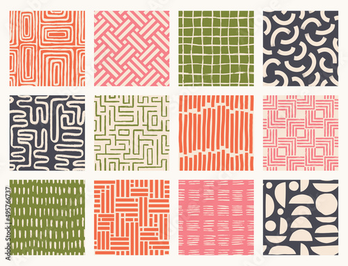 Set Aesthetic Contemporary printable seamless pattern with abstract line brush stroke shapes and line in nude colors. Pastel boho background in minimalist mid century style vector Illustration wall