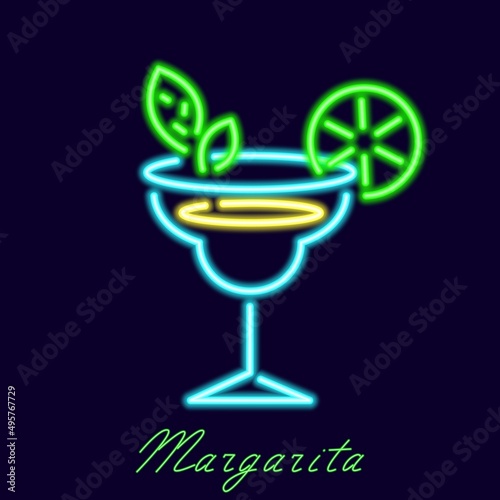 Neon margarita cocktail. Long drink drink in luminous glass with slice of green lime and mint. Abstract refreshing sour with classic nice vector flavor