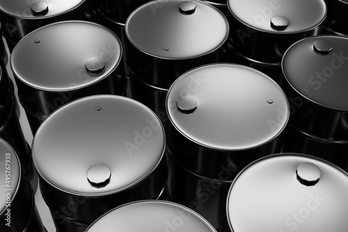 Black glossy oil barrel, 3D rendering, abstract business background