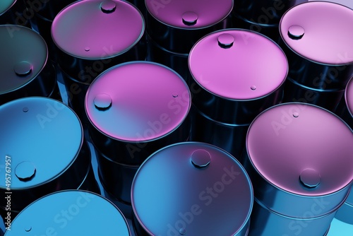 Black glossy oil barrel, 3D rendering, abstract business background with purple and blue color