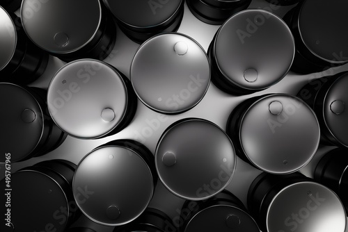 Black glossy oil barrel, 3D rendering, abstract business background, top view