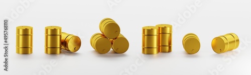 Set of Golden glossy oil barrel, 3D rendering, wide abstract business background for footer or header on site