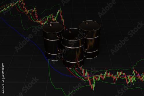 A barrel of oil on the background of a Forex chart with Japanese Brent candles on a black background, falling energy prices during the coronvirus pandemic and covid 19 disease, 3D rendering