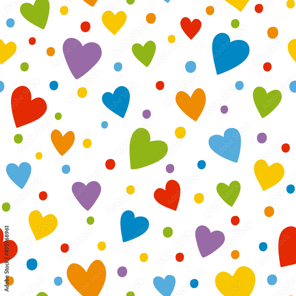 Colorful seamless pattern with hearts and dots. Vector illustration isolated on white background.