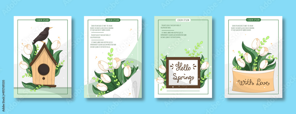 A4 postcard with flowers, A4 vector illustration for poster, vector illustration with spring flowers, flower shop concept, spring flowers, tulips bouquet, set of postcards for flower sale, home garden