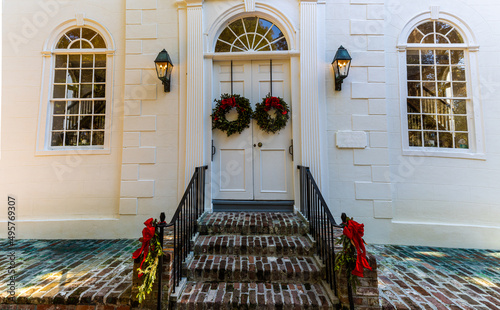 Christmas Wreaths on Door of The Parish Church of St. Helena, Beaufort, South Carolina, USA