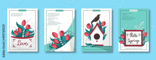 A4 postcard with flowers, A4 vector illustration for poster, vector illustration with spring flowers, flower shop concept, spring flowers, tulips bouquet, set of postcards for flower sale, home garden © skadhi_art
