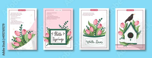 A4 postcard with flowers  A4 vector illustration for poster  vector illustration with spring flowers  flower shop concept  spring flowers  tulips bouquet  set of postcards for flower sale  home garden