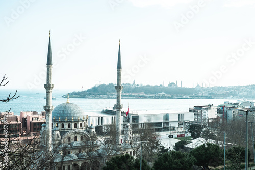 Istanbul, Turkey - March 2022: Bosphorus view from the top, historical buildings of Istanbul. Selective focus.