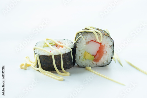 Sushi roll isolated Uramaki on white background maki with mayo