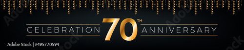 70th anniversary. Seventy years birthday celebration horizontal banner with bright golden color.