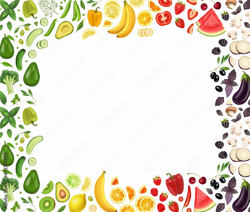 Frame of vegetables, fruits and berries on a white background. Stock illustration. Frame of vegetables, fruits and berries on a white background. Stock illustration.
