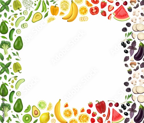 Fototapeta Naklejka Na Ścianę i Meble -  Frame of vegetables, fruits and berries on a white background. Stock illustration.
