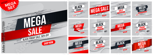 Big set of Mega sale banners for special offers, sales and discounts on shopping day Black Friday. Promotion and shopping template