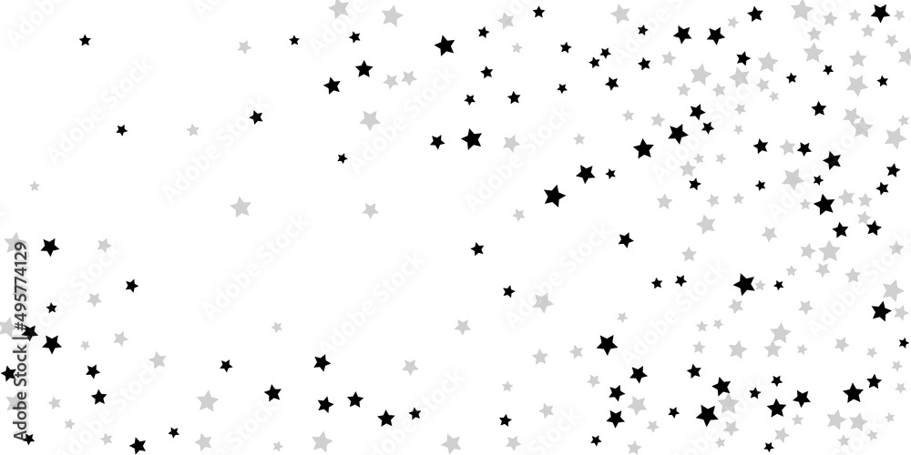 Silver star confetti. Falling stars on a white background. Illustration of flying shining stars. Decorative element.