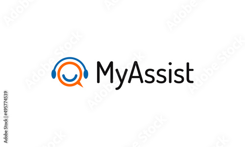 vector graphic illustration logo design for pictogram my assist, combination bubble chat icon with smile and headset