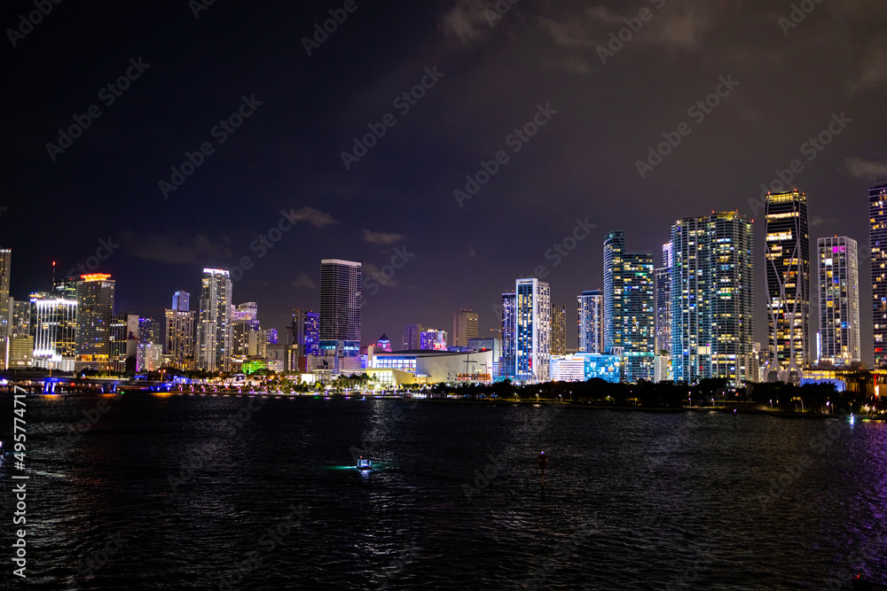 Colorful Miami and Bayside by night - travel photography