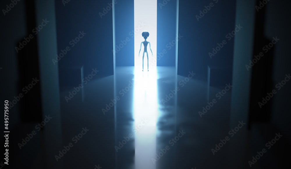 Fototapeta premium Silhouette of spooky alien. Bright light in background. 3D rendered illustration.