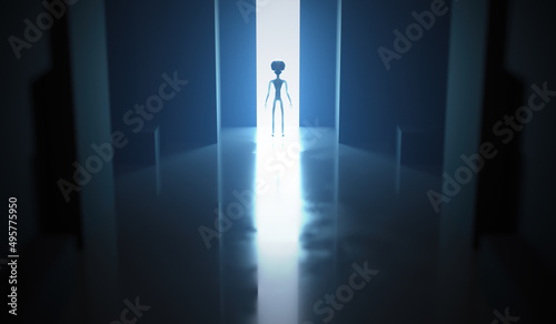 Silhouette of spooky alien. Bright light in background. 3D rendered illustration.