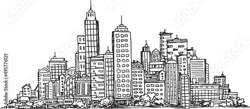 Vector city skyline, hand drawn doodles on white paper