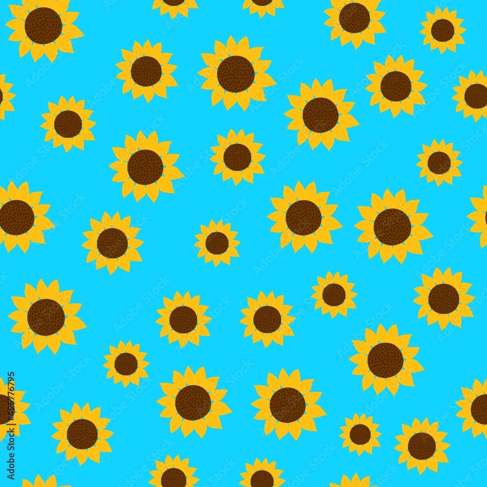 Yellow sunflowers on the blue color of the sky background seamless pattern, repeat ornament for textile, fabric, gift paper Yellow sunflowers on the blue color of the sky background seamless pattern, repeat ornament for textile, fabric, gift paper