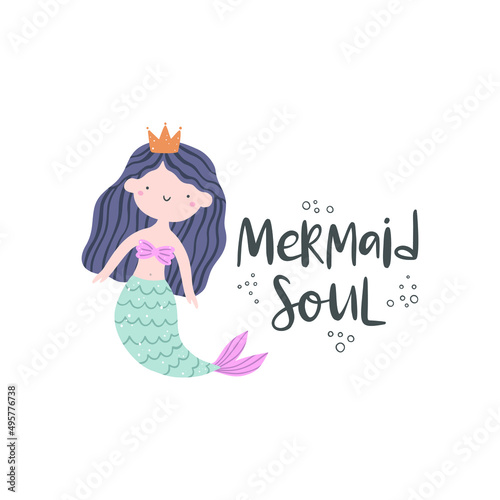 Vector illustration with cute mermaids and text Mermaid soul.