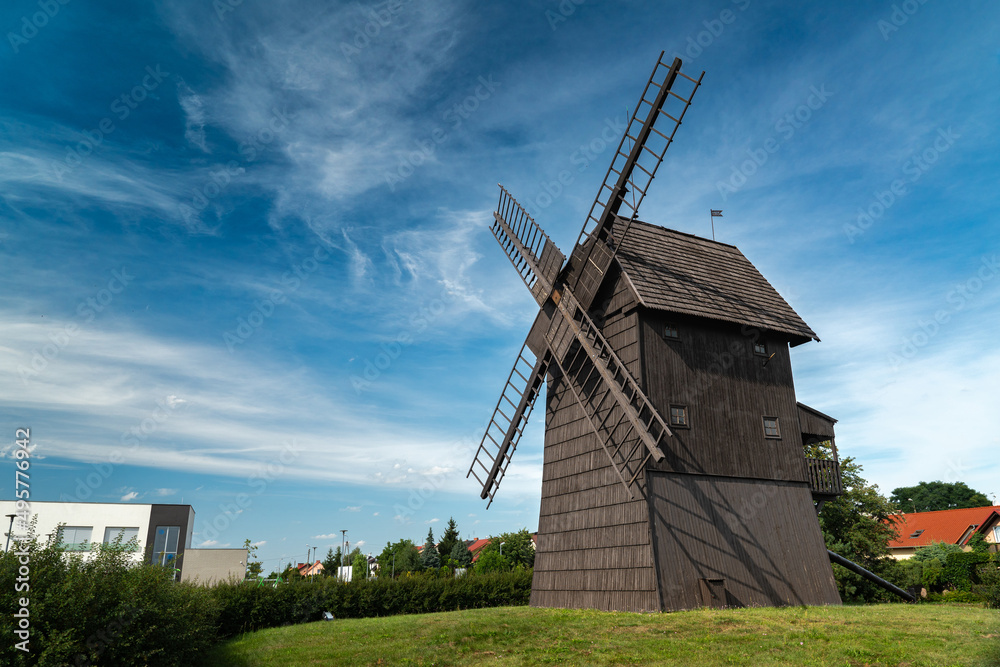 Windmill in Rydzyna in Poland. Farming and countryside concept.
